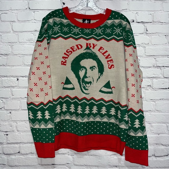 NWOT ELF 'Raised by Elves' Festive Sweater, Ugly Christmas Sweater Size XL - Picture 1 of 12